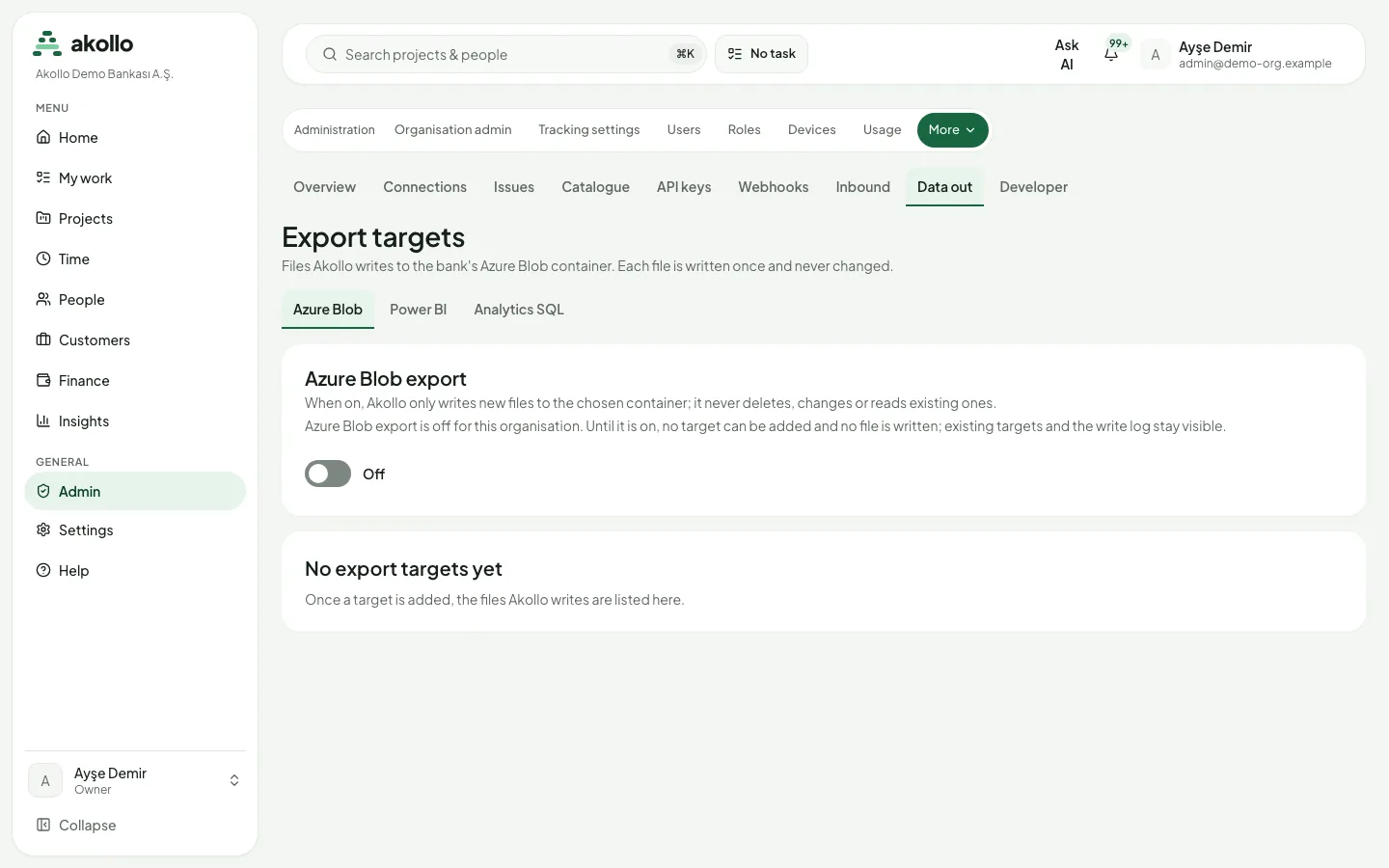 Data out tab with the export targets Azure Blob, Power BI and Analytics SQL, and the Azure Blob export switch turned off