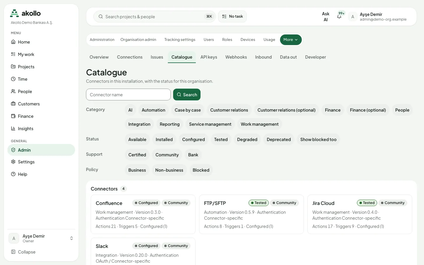 Connector catalogue with filters for category, status, support and policy and connector cards with their status badges