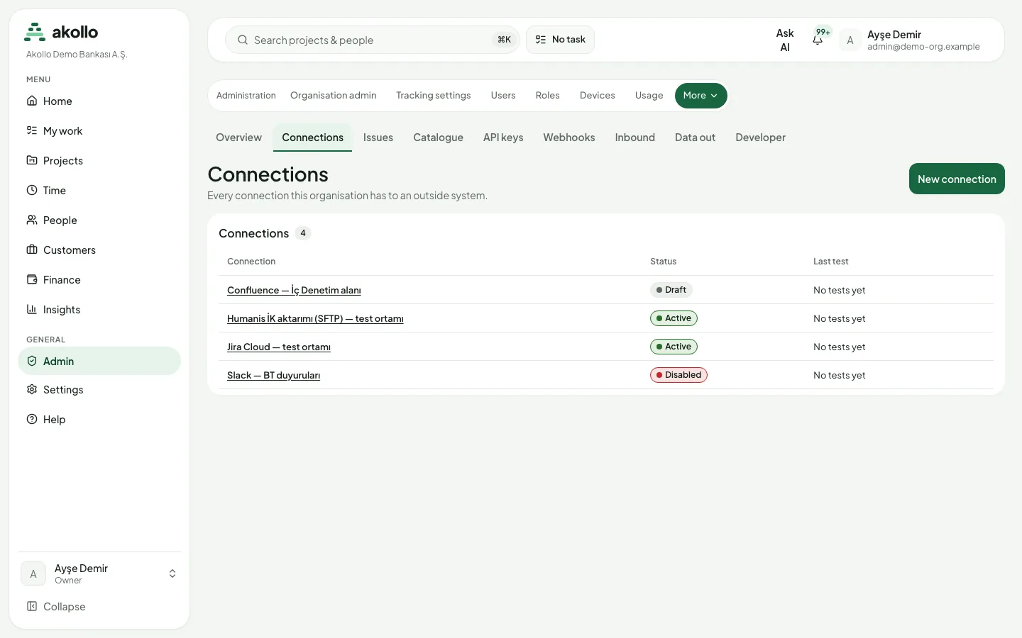 Connections list with each connection's name, a status badge such as Draft, Active or Disabled, and the last test