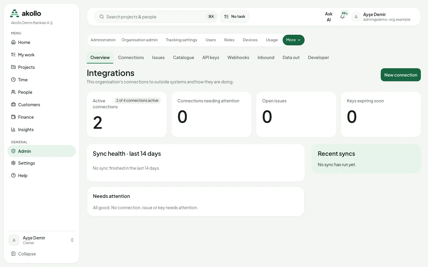 Integrations overview with counters for active connections, connections needing attention, open issues and keys expiring soon