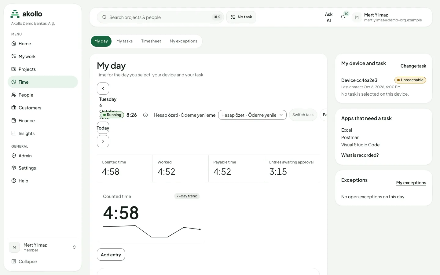 My day with the running timer and task, counted time, worked, payable time and entries awaiting approval, a 7-day trend, the Add entry button and cards for the device and task, apps that need a task and exceptions