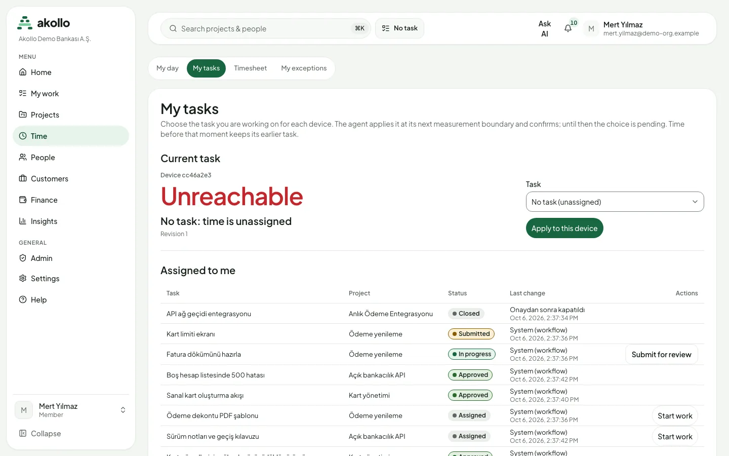 Seite My tasks mit der aktuellen Aufgabe eines Geräts, einer Aufgabenauswahl und der Liste der zugewiesenen Aufgaben