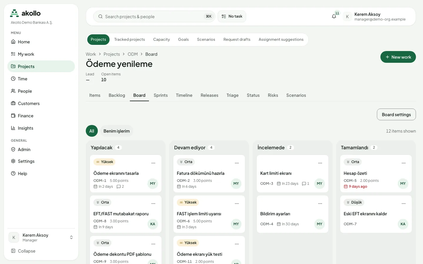 A project’s Board tab with four status columns holding work item cards with key, priority, points, due date and owner