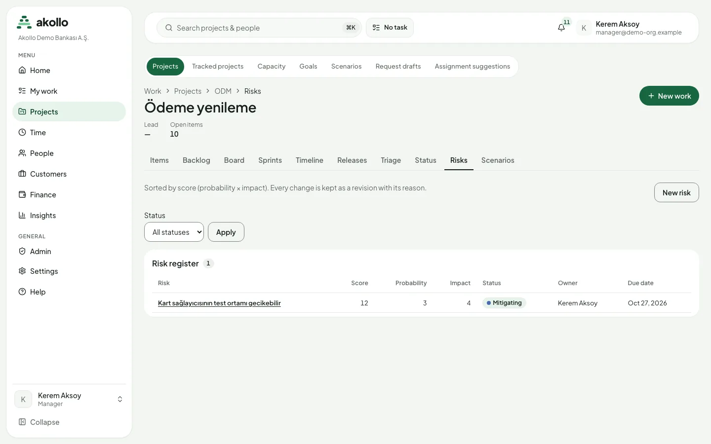 A project’s Risks tab with a status filter, the New risk button and a risk register listing a risk with its score, probability, impact, status, owner and due date