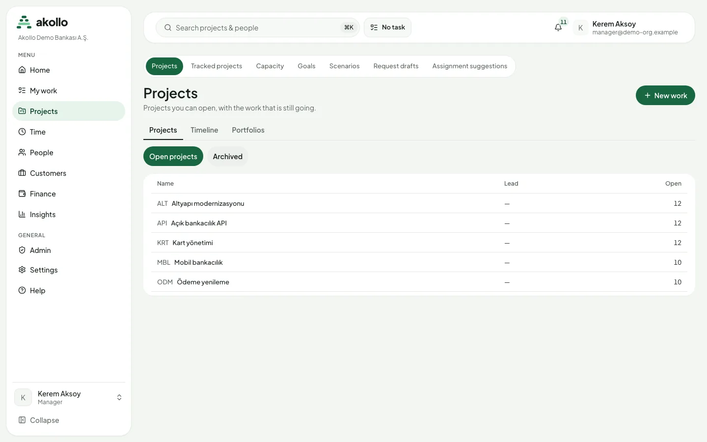 Projects page with tabs for Projects, Tracked projects, Capacity, Goals, Scenarios, Request drafts and Assignment suggestions, the New work button and a list of open projects