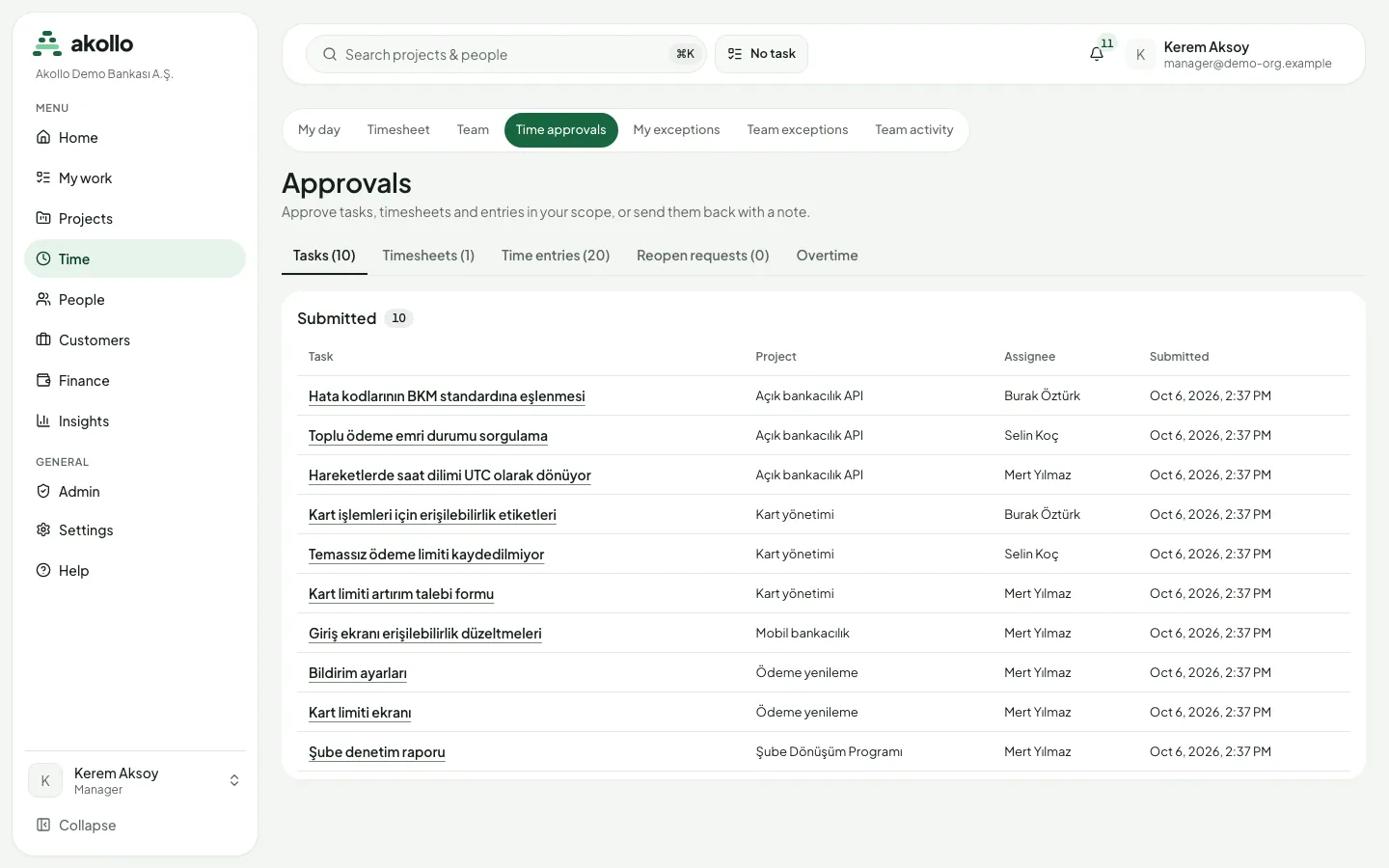Time approvals with tabs for tasks, timesheets, time entries, reopen requests and overtime, listing ten submitted tasks with project, assignee and submission time