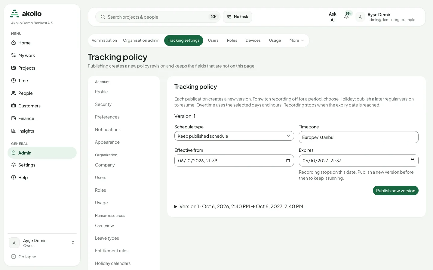 Tracking policy page under Admin, Tracking settings, with schedule type, time zone, effective from and expires fields, the Publish new version button and the first version in the history