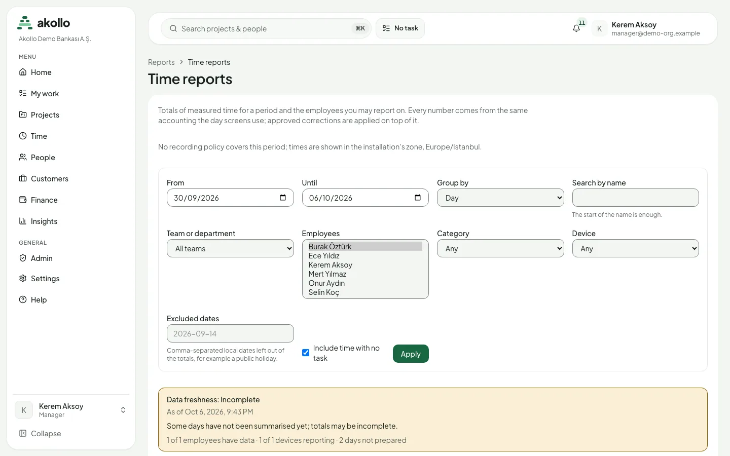 Time reports with From and Until dates, Group by, team, employees, category and device filters, excluded dates, the Include time with no task option, the Apply button and a data freshness notice