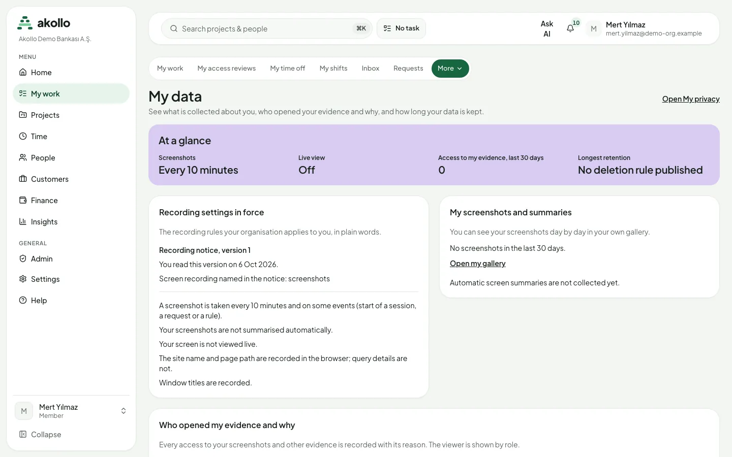 My data page with an At a glance strip, the recording settings in force, a card for the employee’s own screenshots and summaries, and the start of the list of who opened the evidence